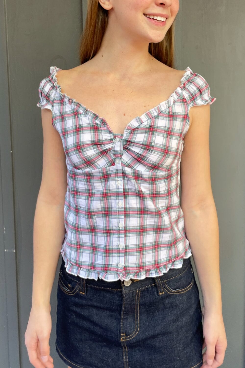 Elena Plaid Top | White with Red Green and Blue Plaid / XS/S