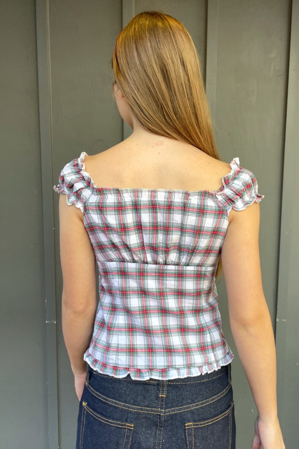 Elena Plaid Top | White with Red Green and Blue Plaid / XS/S