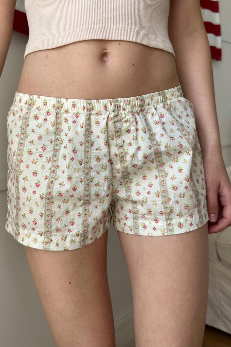 Keira Pajama Shorts | Ivory with Green Stripes and Pink Flowers / S/M