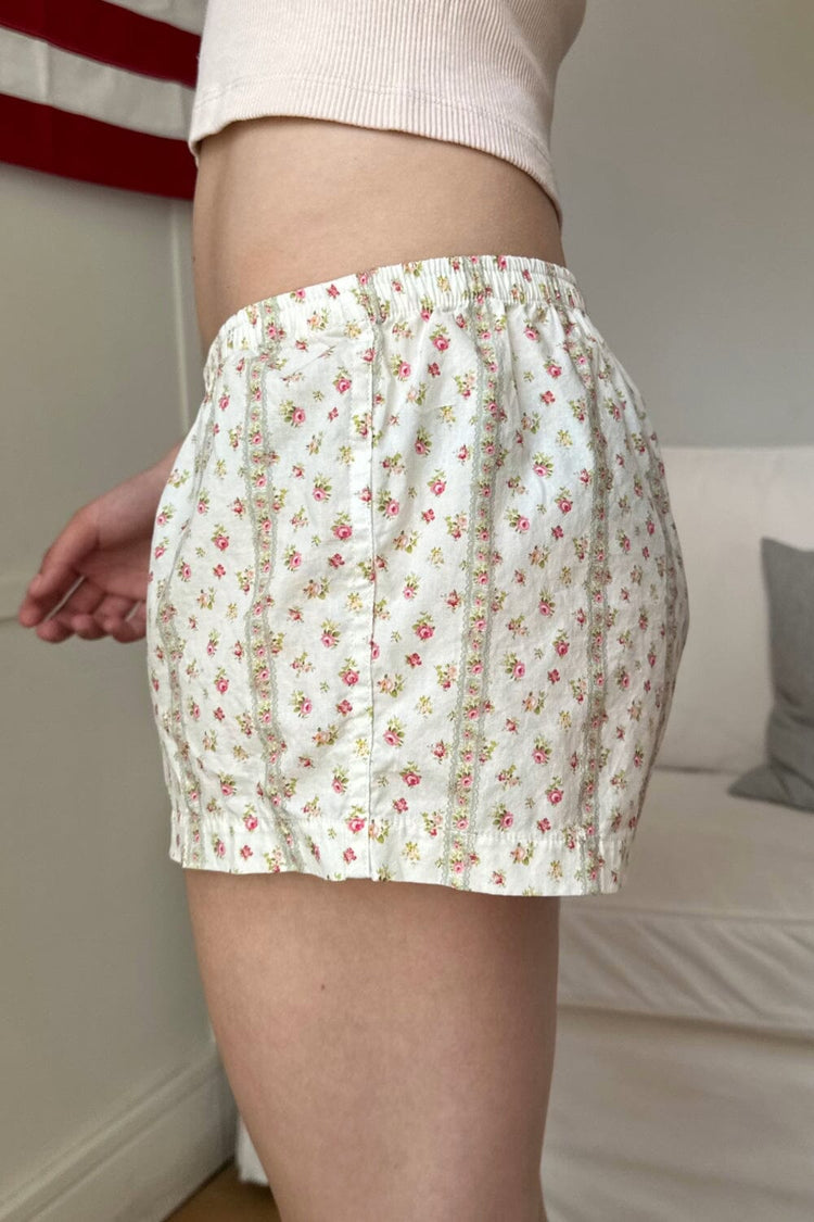 Keira Pajama Shorts | Ivory with Green Stripes and Pink Flowers / S/M