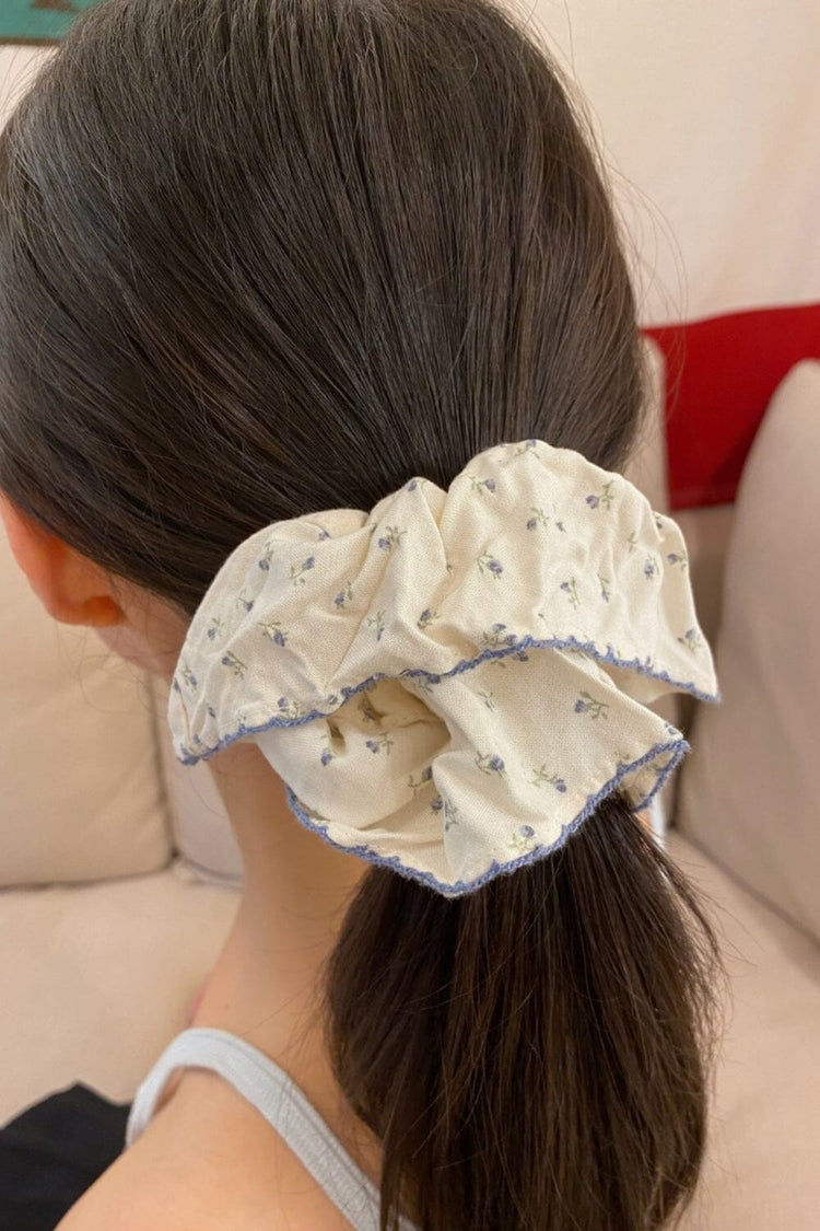 Floral Frill Scrunchie | Ivory With Light Blue Floral