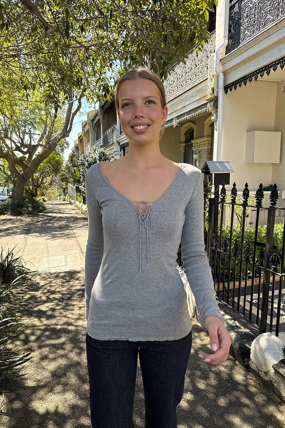Tania V Neck Lace Top | Heather Grey / XS/S
