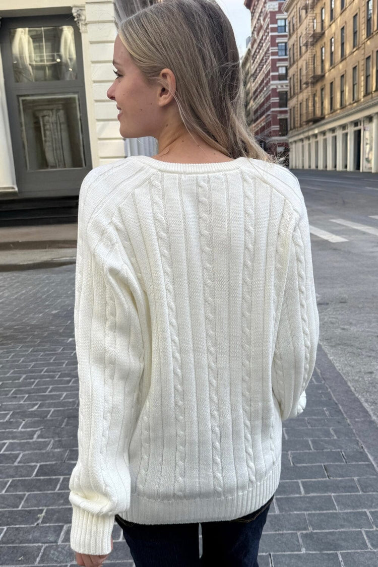 Ida Cotton Cable Knit V-Neck Sweater | Ivory / Regular Fit
