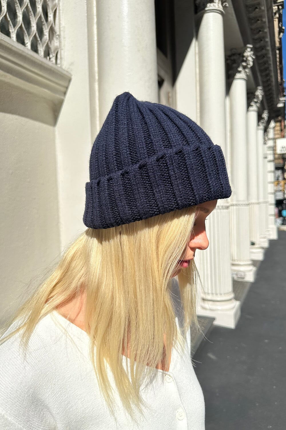 Revamped Beanie- Knitted White & Navy – The Silver Strawberry