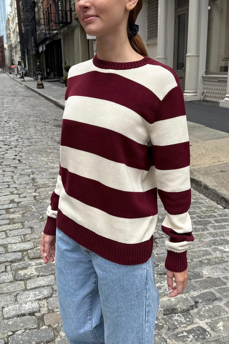Brianna Cotton Thick Stripe Sweater | Burgundy Ivory Stripes / S/M