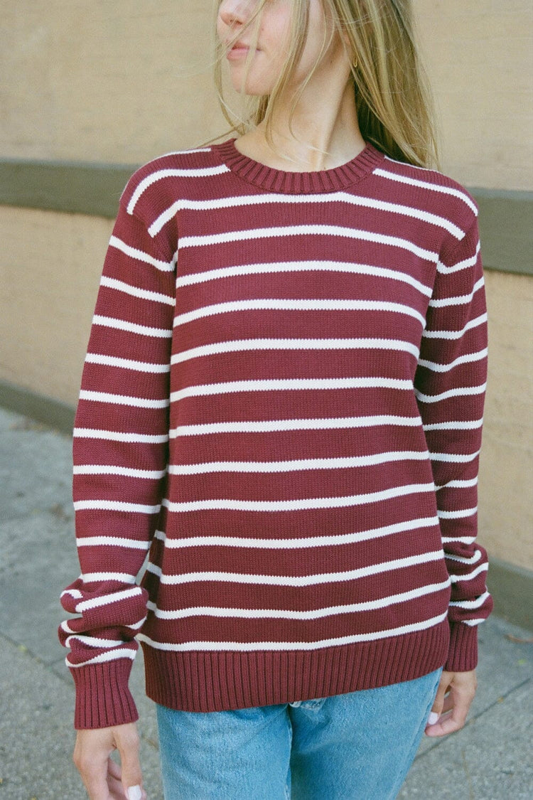 Brianna Thin Stripe Cotton Sweater | Burgundy Ivory Stripes / S/M