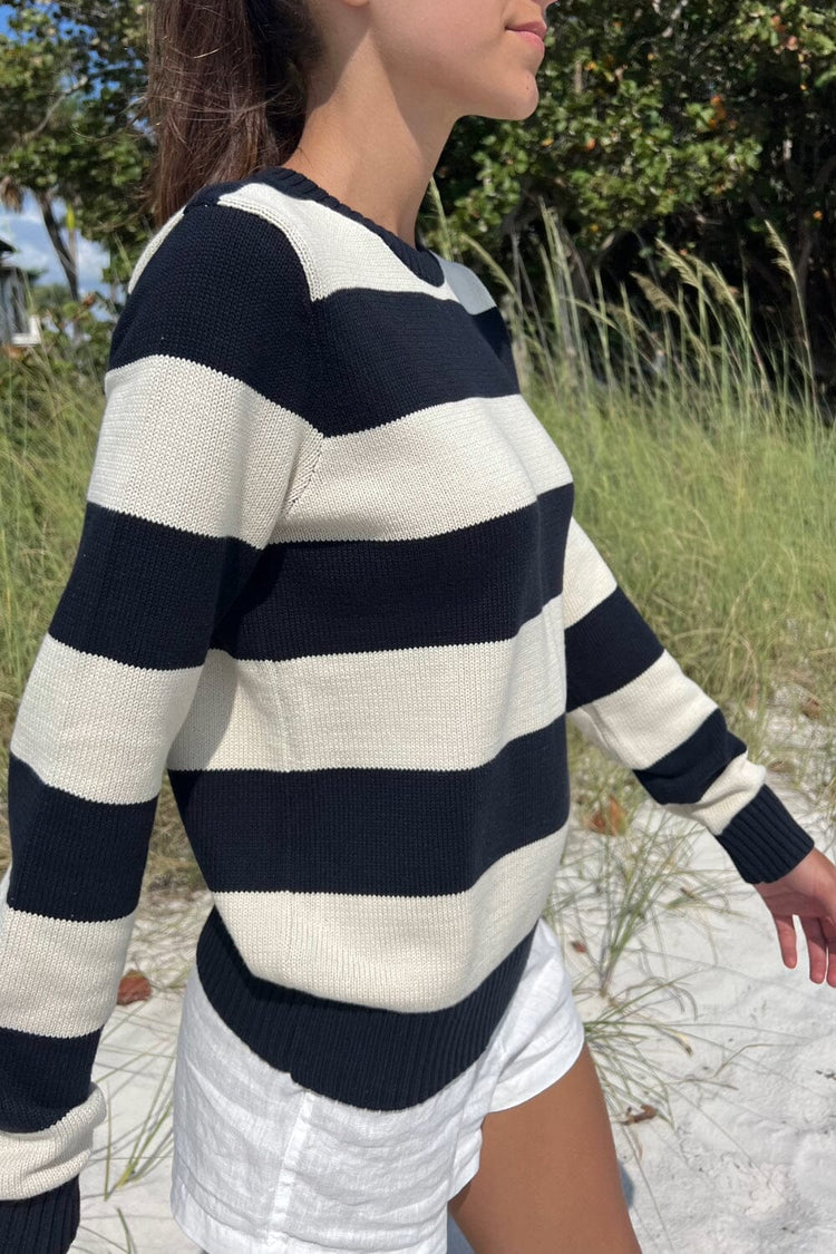 Brianna Cotton Thick Stripe Sweater | Dark Navy and Ivory Stripes / S / M