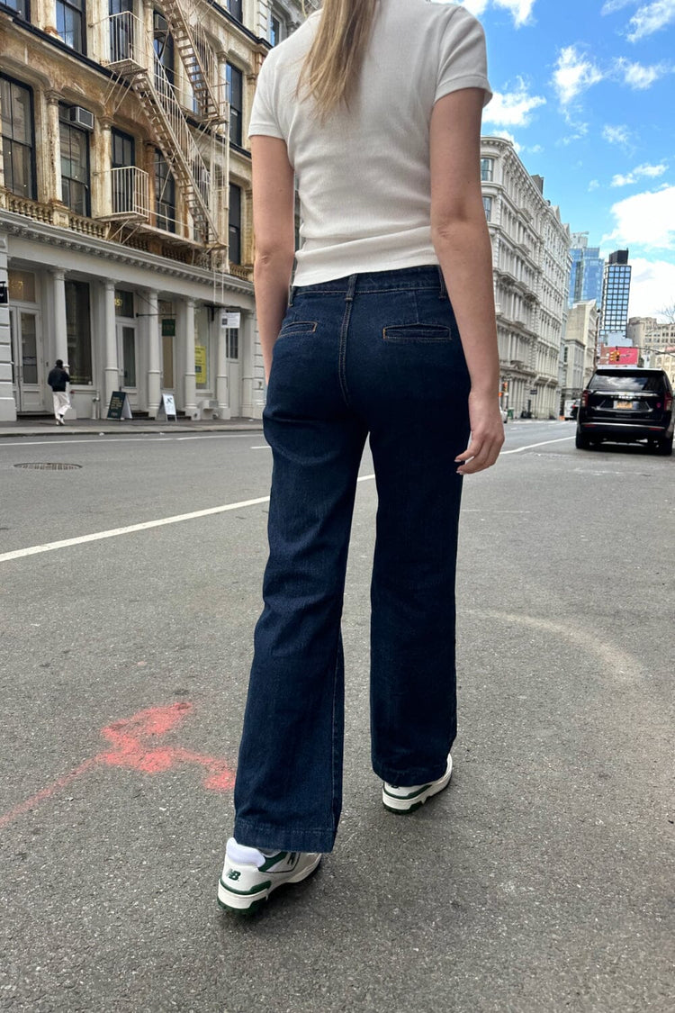 Brandy Melville, Pants & Jumpsuits, Nwot Brandy Melville Ava Jeans Mid  Rise Straight Leg Dark Blue Brown Stitching