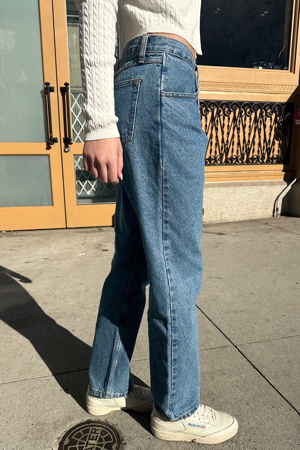 Brandy Melville, Pants & Jumpsuits, Nwot Brandy Melville Ava Jeans Mid  Rise Straight Leg Dark Blue Brown Stitching