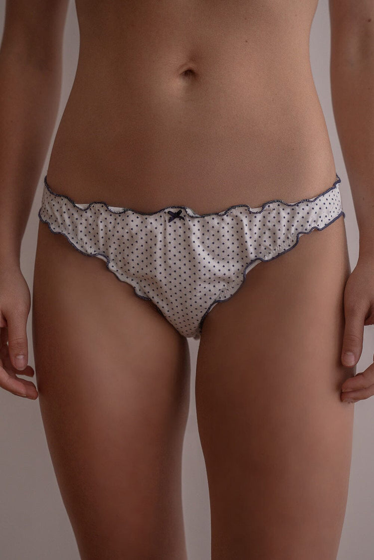 Polka Dots Scallop Bow Underwear | White With Navy Blue Polka Dots / S
