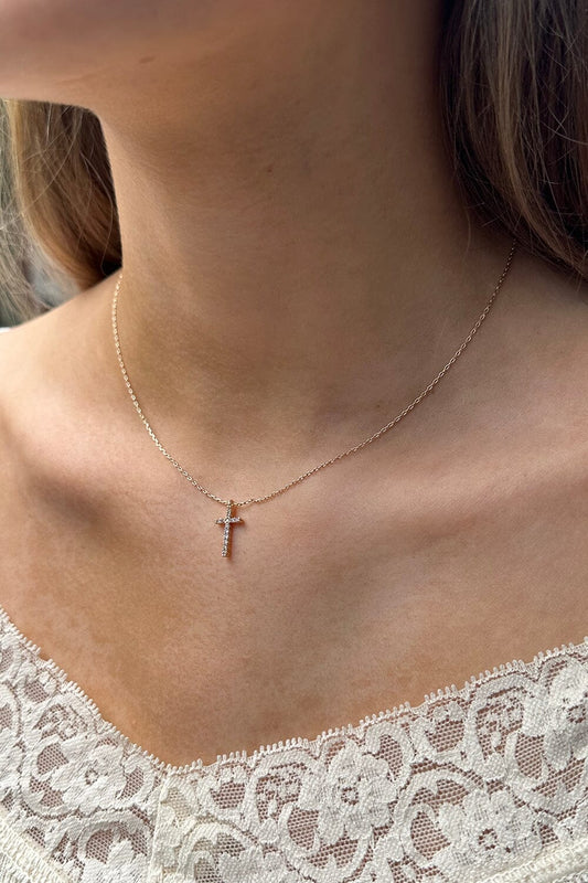 Rhinestone Cross Necklace | Gold
