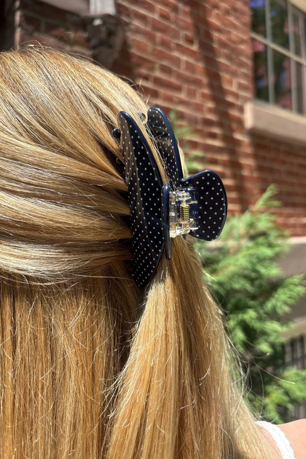 Hair Claw Clip | Navy With White Polka Dots
