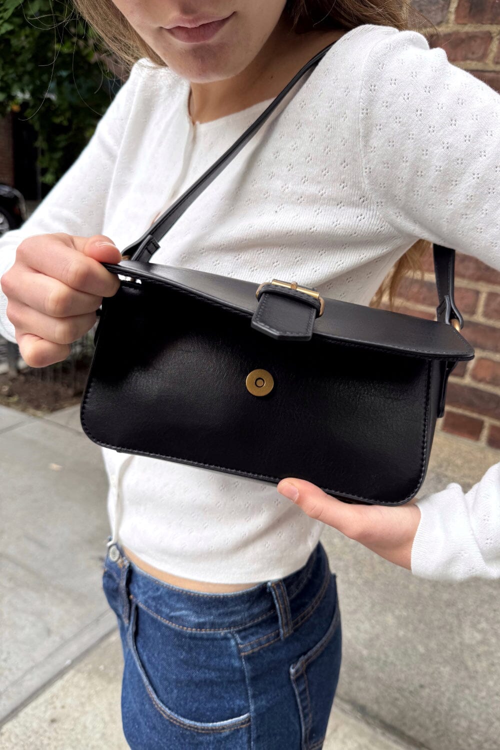 brandy melville black leather backpack Buckle Shoulder Bag
