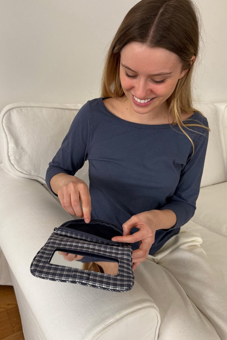 Plaid Makeup Bag | Double Stripe Faded Blue White Plaid