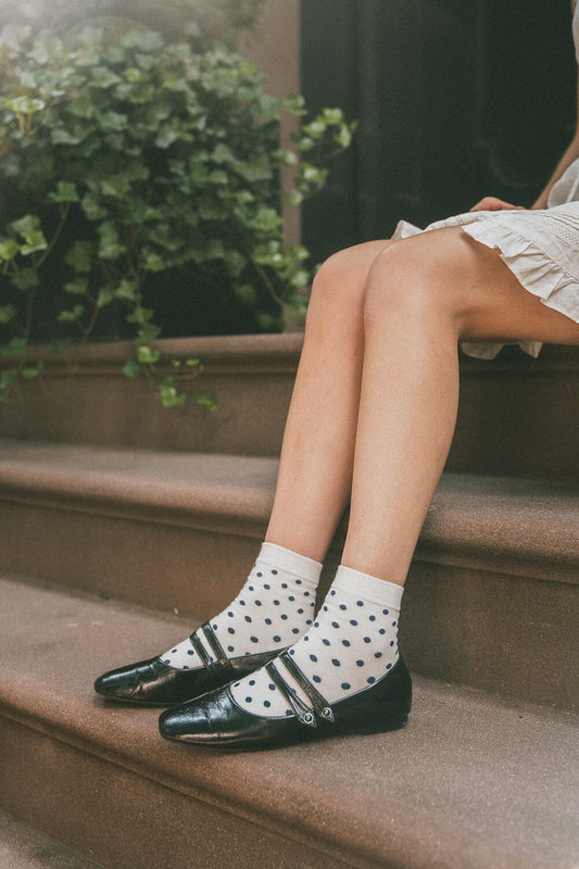 White With Navy Polka Dots