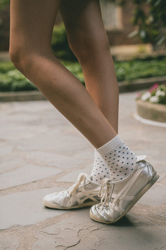 White With Navy Blue Polka Dots