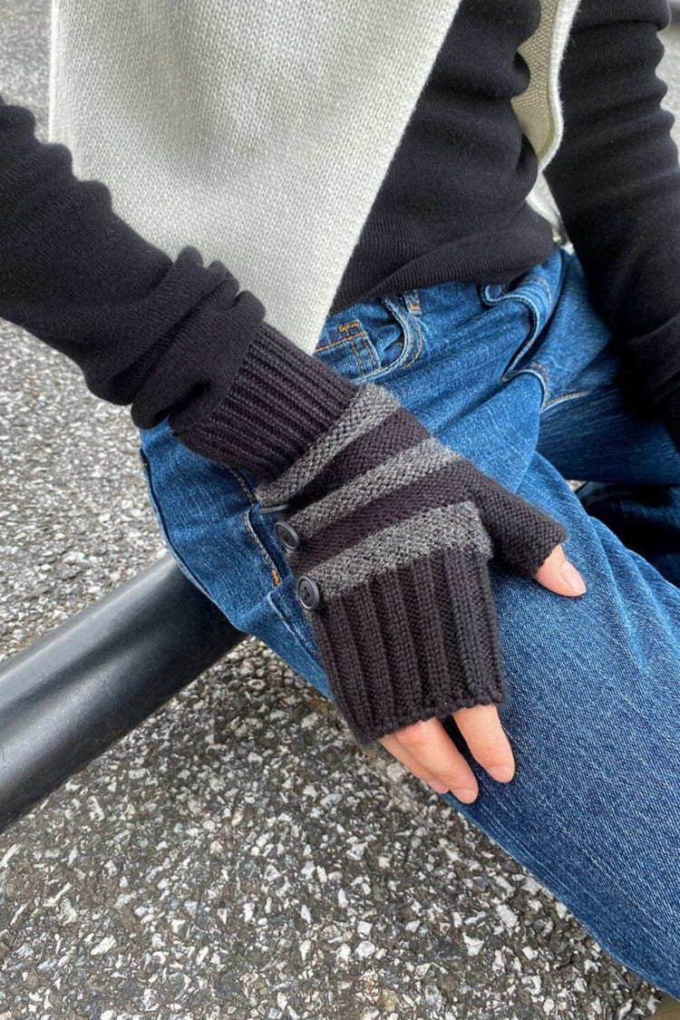 Fingerless Wool Striped Gloves | Dark Grey Black Stripe
