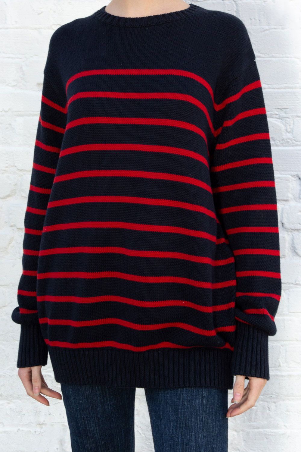 Brianna Cotton Thin Stripe Sweater | Navy and Red Thin Stripes / Oversized Fit