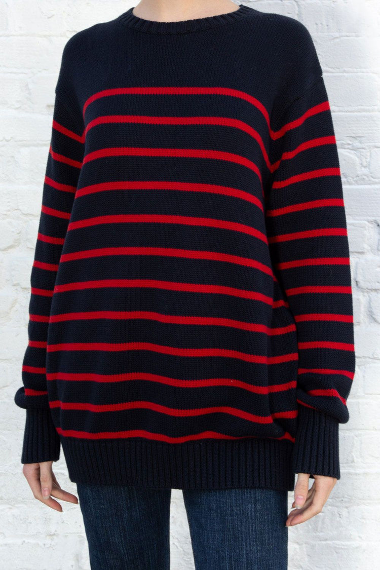 Brianna Cotton Thin Stripe Sweater | Navy and Red Thin Stripes / Oversized Fit
