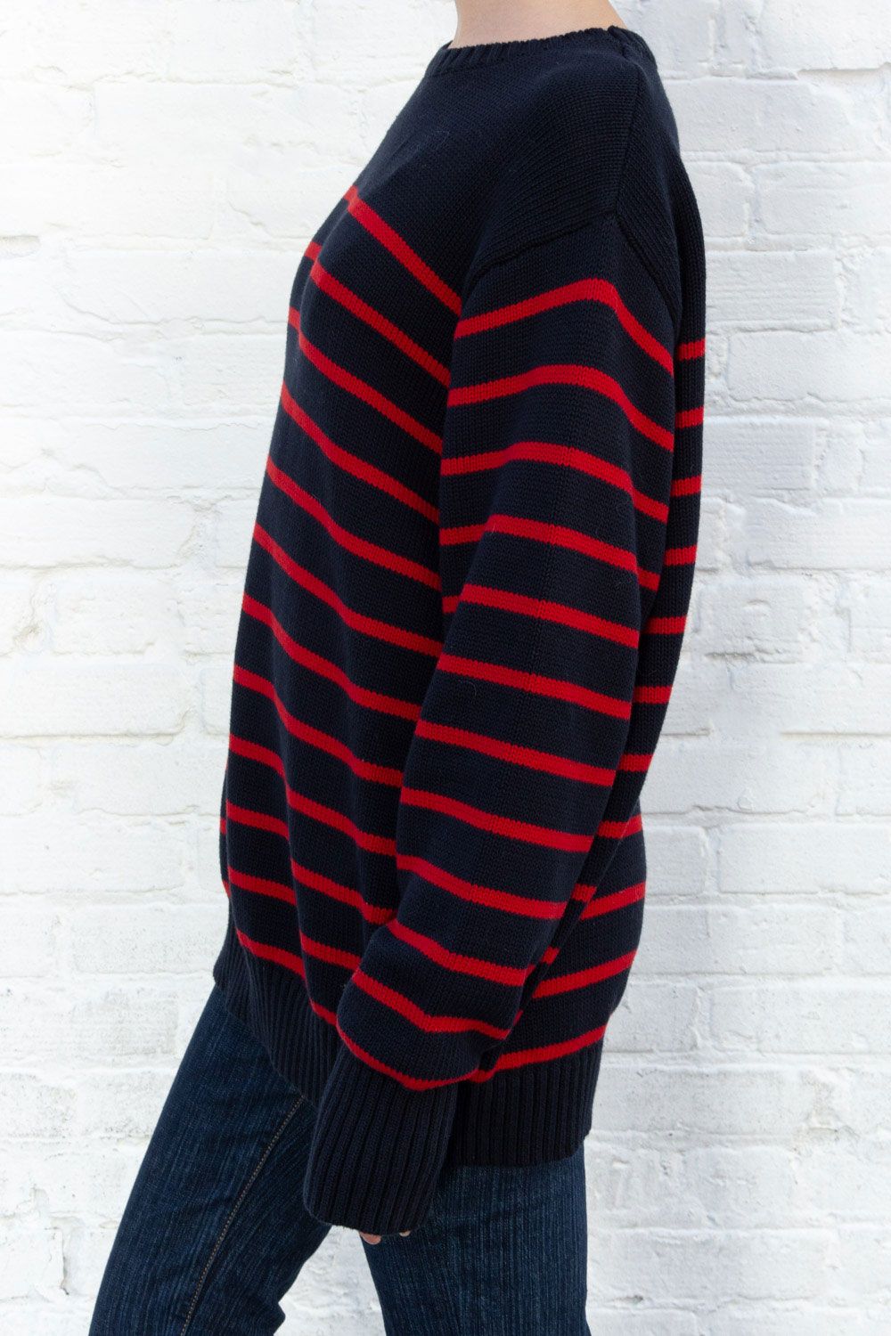 Brianna Cotton Thin Stripe Sweater | Navy and Red Thin Stripes / Oversized Fit