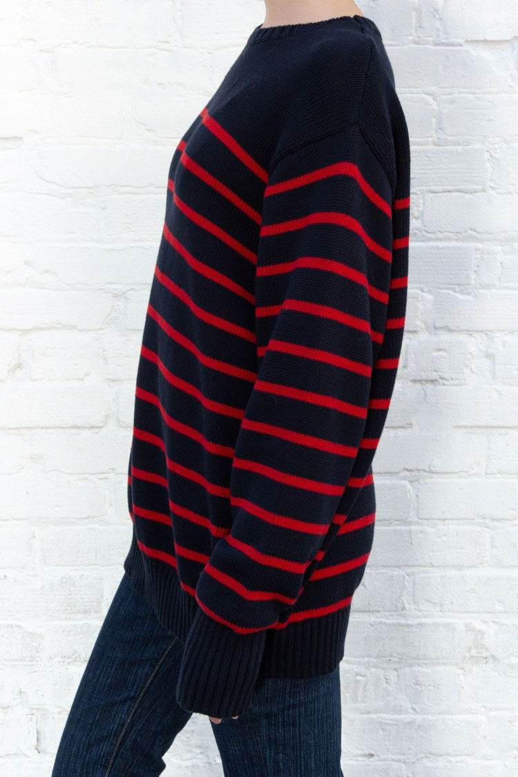 Brianna Cotton Thin Stripe Sweater | Navy and Red Thin Stripes / Oversized Fit