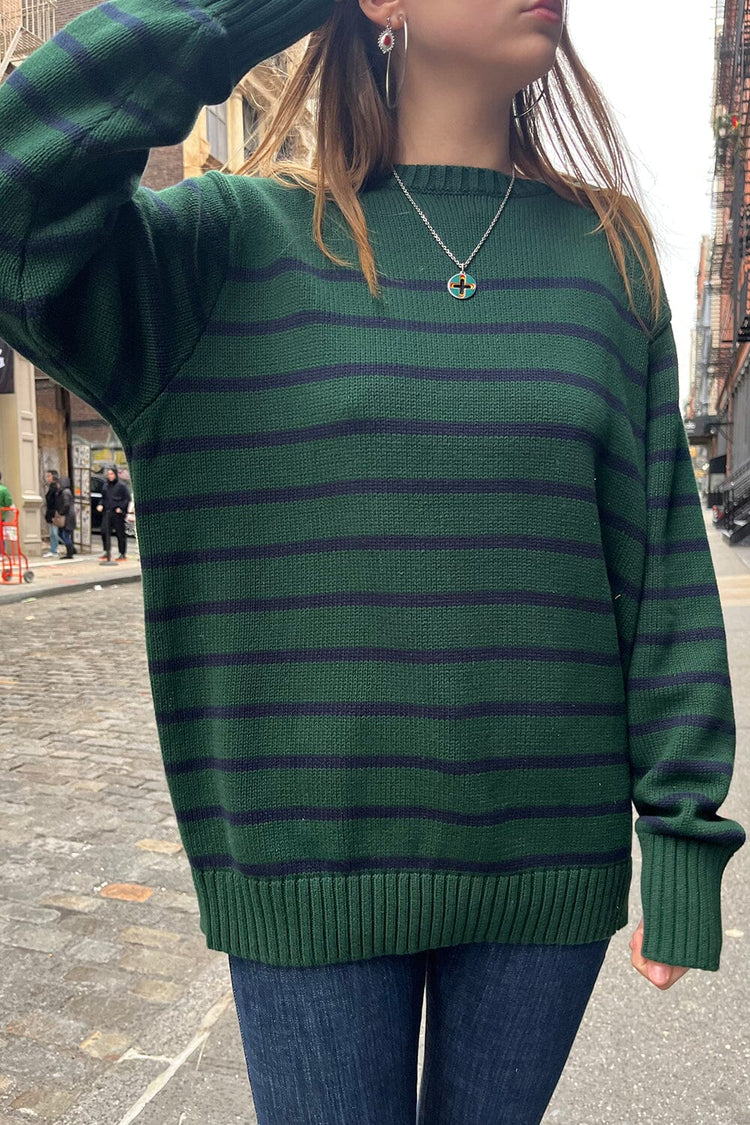 Brianna Cotton Thin Stripe Sweater | Green and Navy Thin Stripes / Oversized Fit