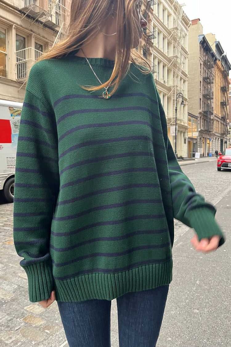 Brianna Cotton Thin Stripe Sweater | Green and Navy Thin Stripes / Oversized Fit
