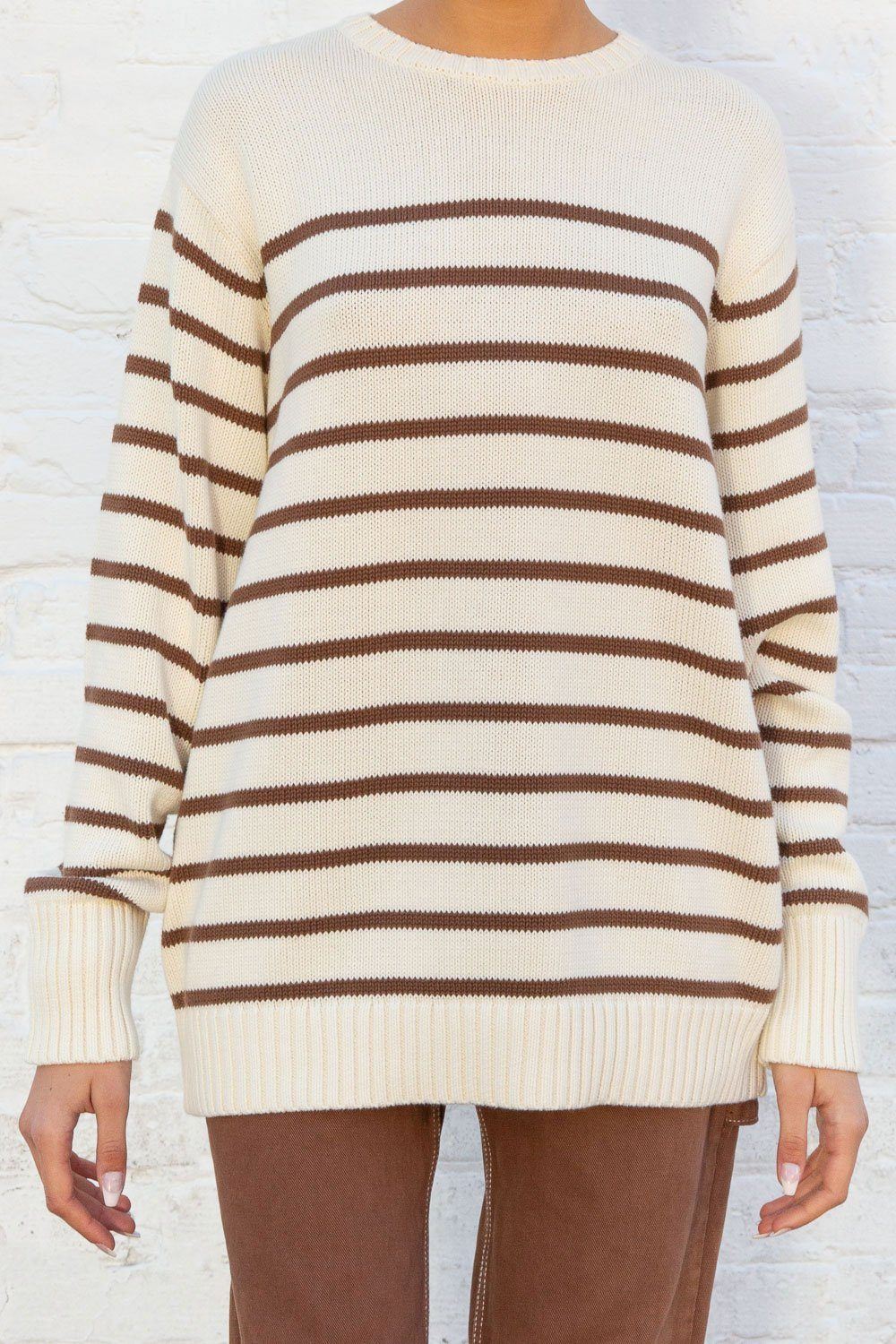 Brianna Cotton Thin Stripe Sweater | Ivory Brown Stripe / Oversized Fit