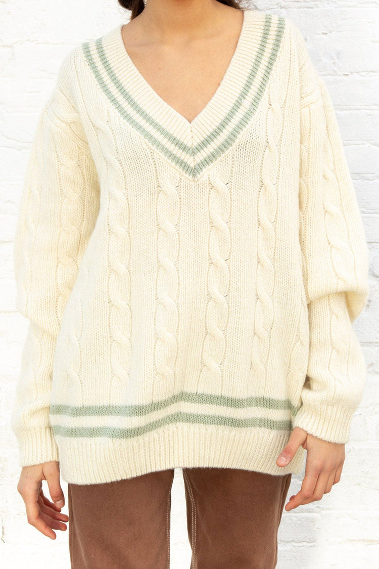 Nikki Heavy Wool Stripe Sweater | Ivory and Sage Knit / Oversized Fit