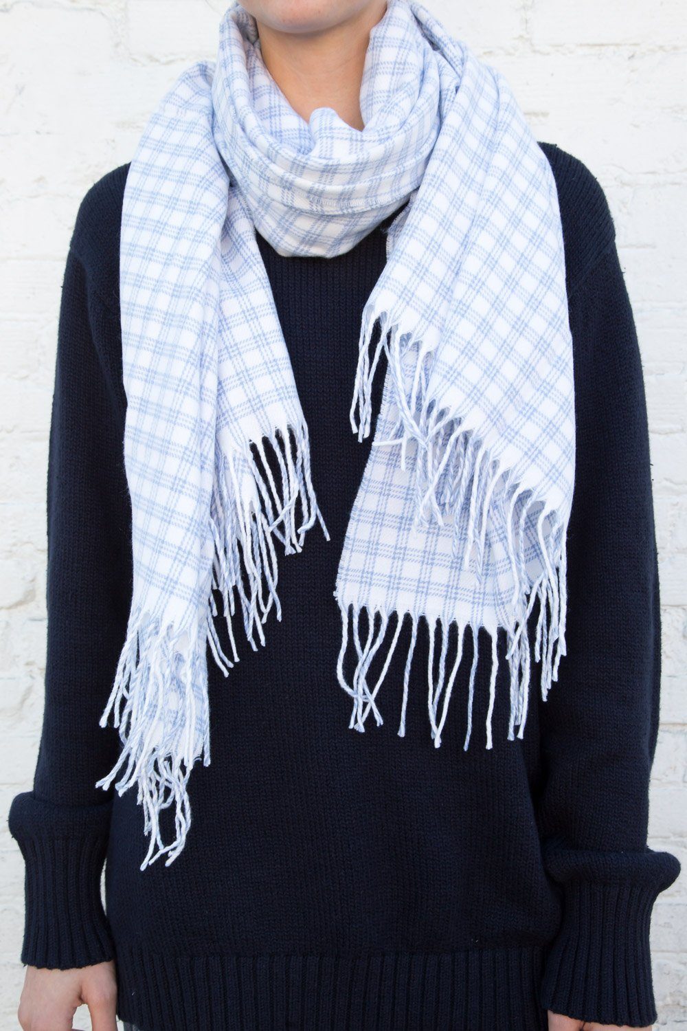 Plaid Tassel Scarf | White And Light Blue Plaid