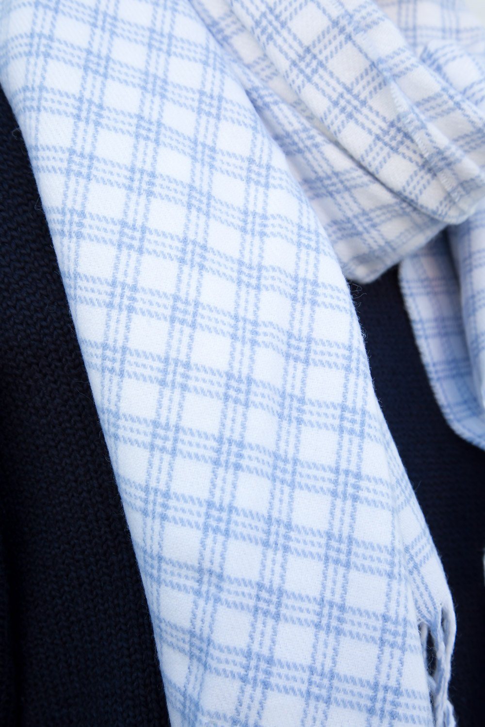 Plaid Tassel Scarf | White And Light Blue Plaid