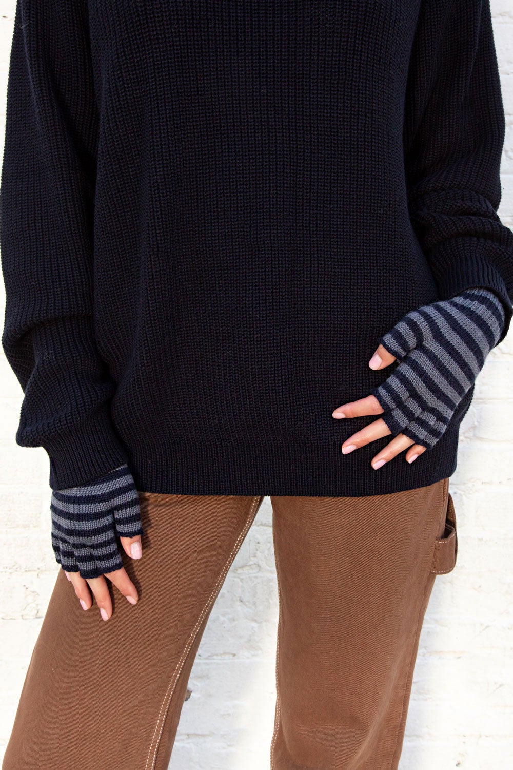 Fingerless Wool Striped Gloves | Navy Blue Striped Scarf