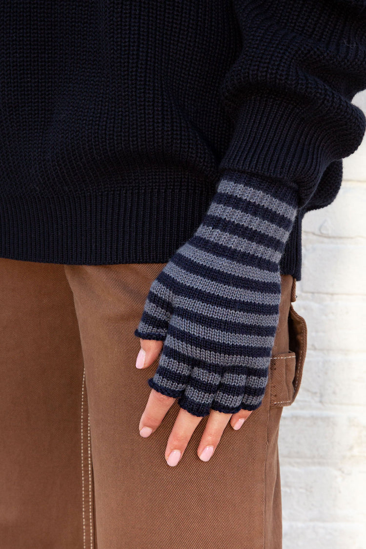 Fingerless Wool Striped Gloves | Navy Blue Striped Scarf