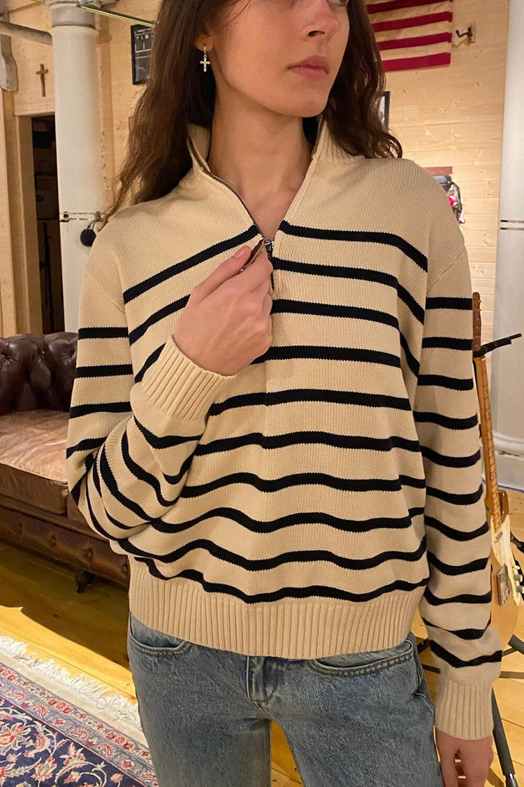 Aleah Cotton Stripe Sweater | white with thin navy stripes / Oversized Fit
