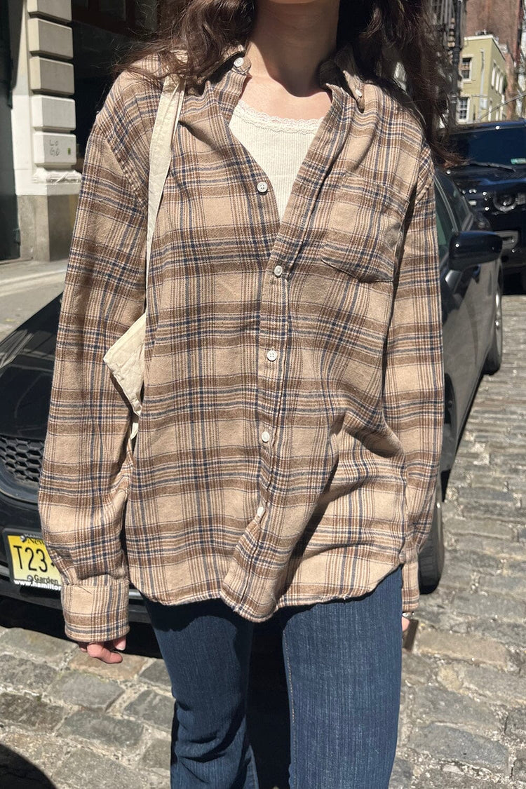 Hazel Flannel Top | Sand Navy Brown Plaid / S/M