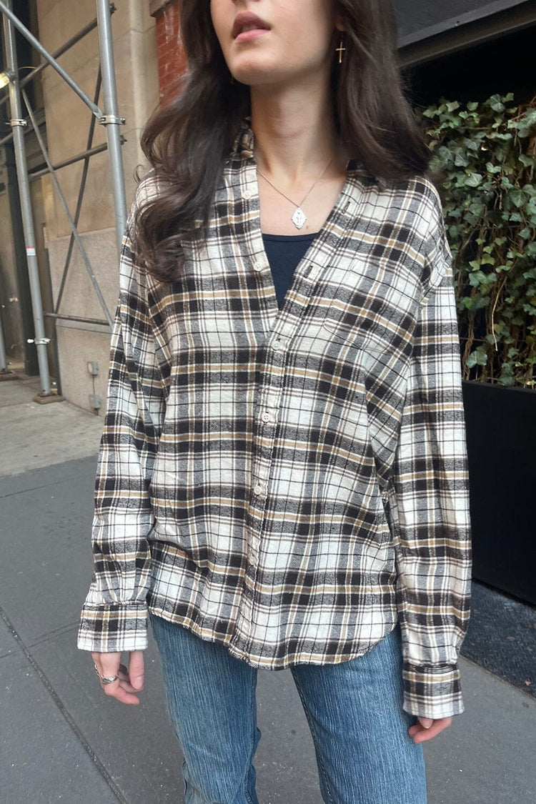 Hazel Flannel Top | Ivory Dark Brown Gold Plaid / S/M