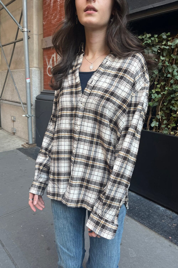 Hazel Flannel Top | Ivory Dark Brown Gold Plaid / S/M