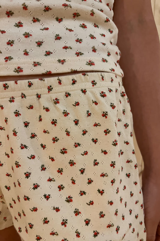 Emery Floral Cotton Shorts | White with Red and Green Floral / XS/S