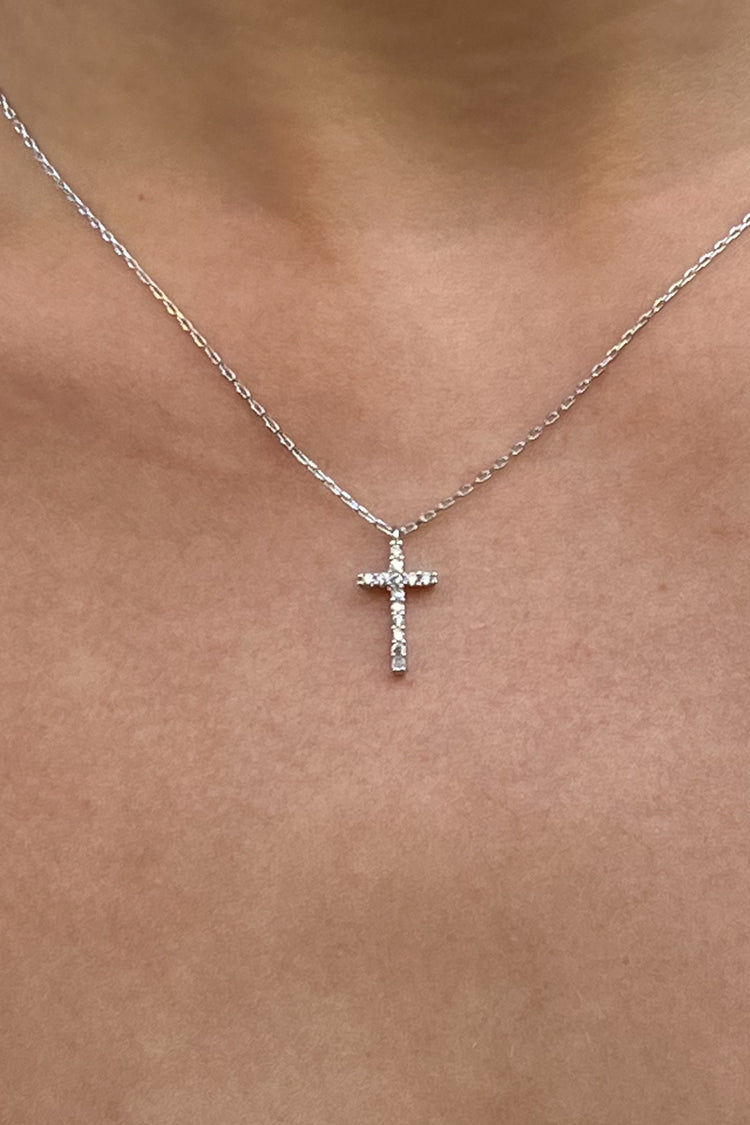 Rhinestone Cross Necklace | Silver