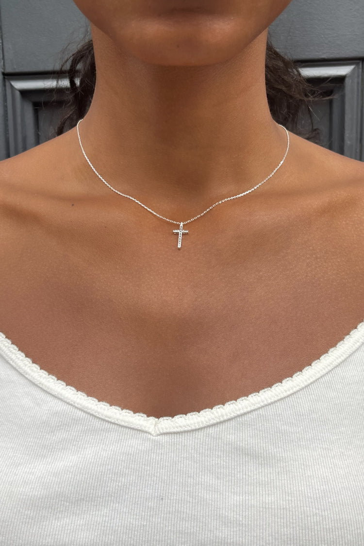 Rhinestone Cross Necklace | Silver