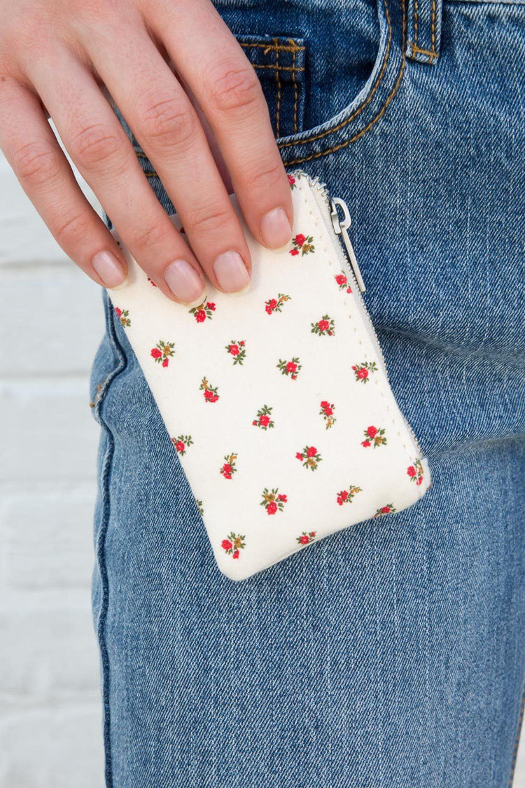 Floral Coin Purse | White With Red And Green Floral