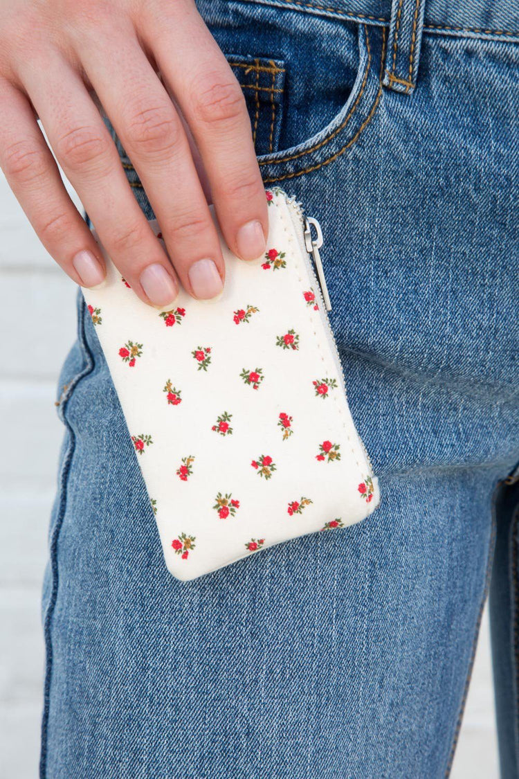 Floral Coin Purse | White With Red And Green Floral