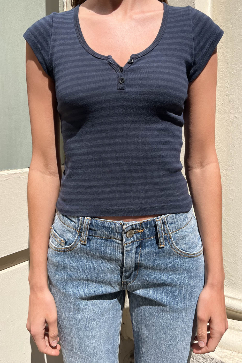 Brandy Melville Blue Ribbed Button Up Cropped Short Sleeve Zelly Top XS/S
