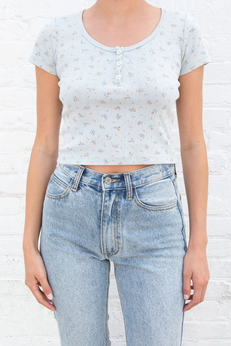 Zelly Floral Eyelet Top | Light Blue with Yellow and Green Floral / XS/S
